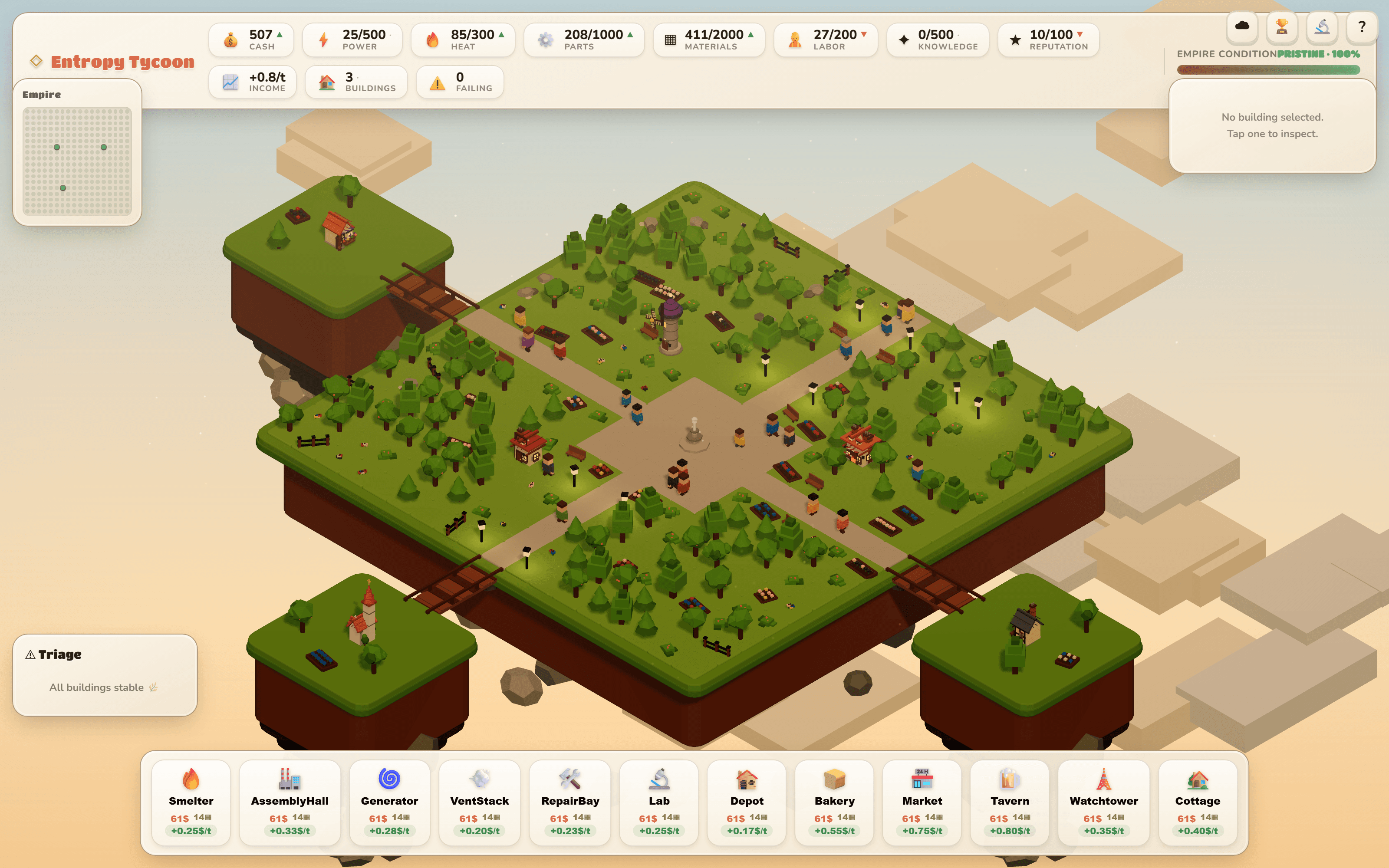 Lush low-poly floating-island village at its prime, all structures intact