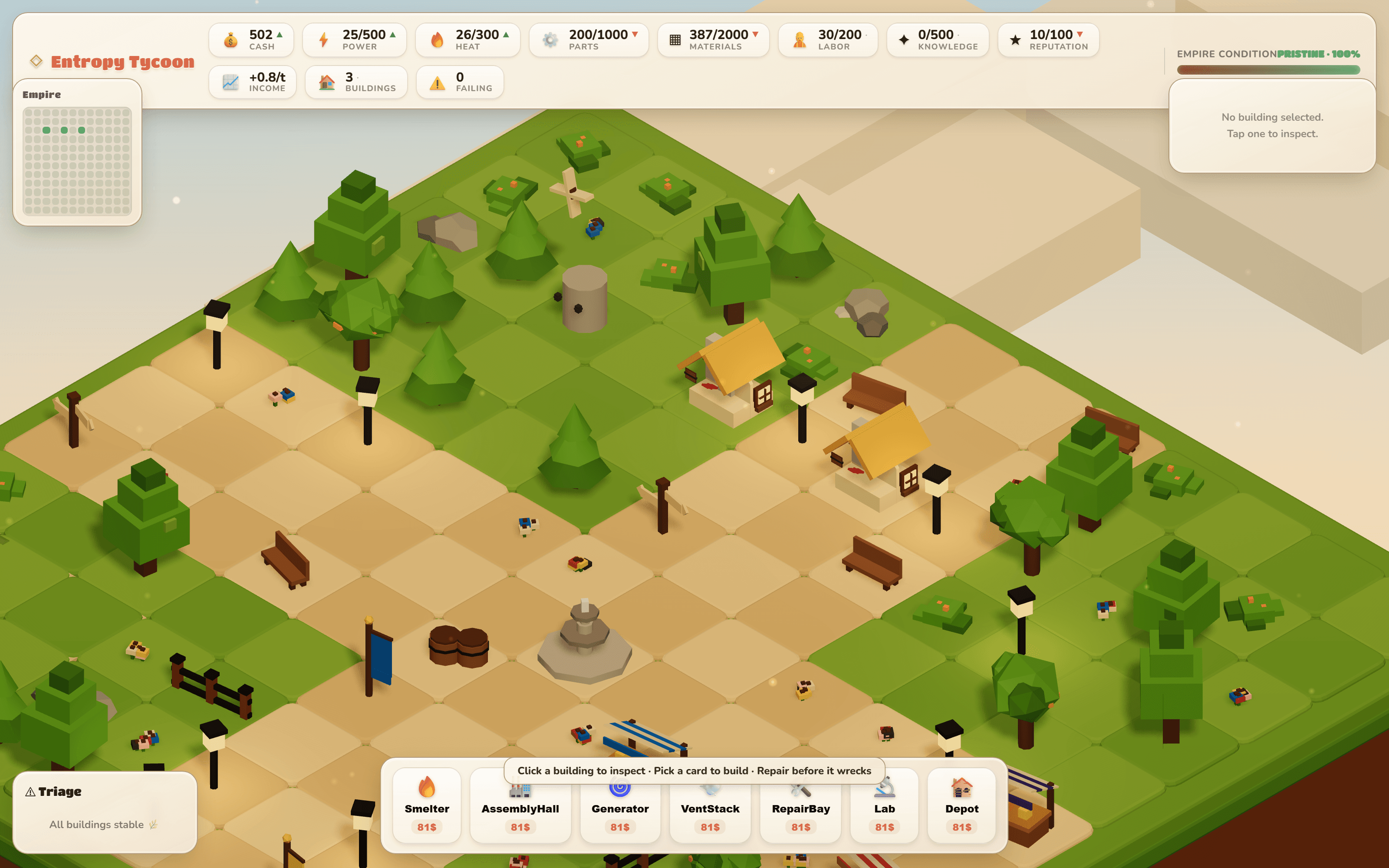 Voxel village from an angle, structures showing early wear