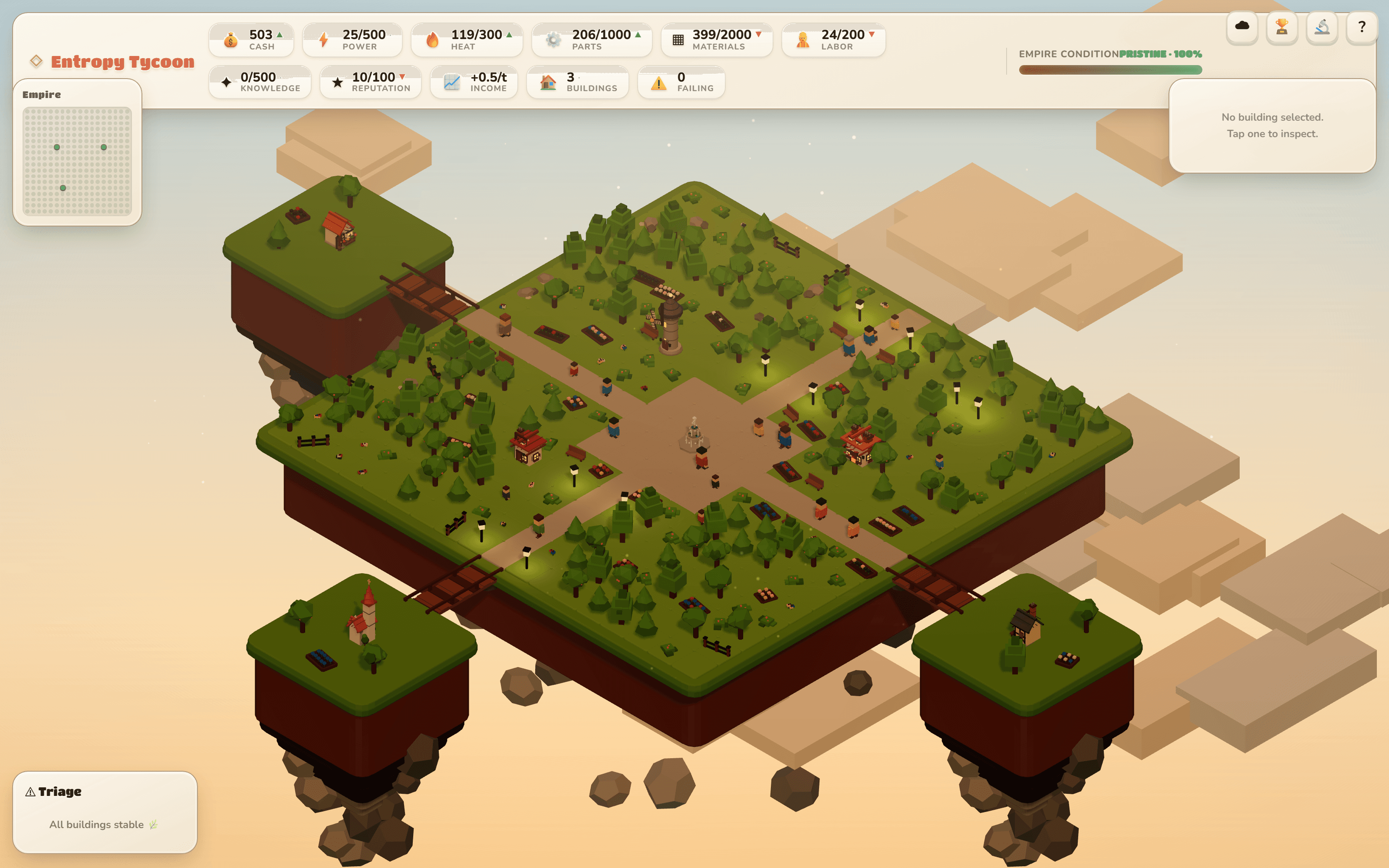 A lush low-poly floating-island village seen in 3/4 view
